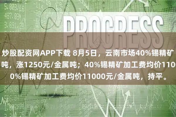 炒股配资网APP下载 8月5日，云南市场40%锡精矿均价256000元/金属吨，涨1250元/金属吨；40%锡精矿加工费均价11000元/金属吨，持平。